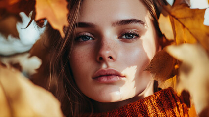 Wall Mural - A woman modelling surrounded by fall leaves, close-up portrait, glamour 