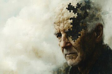 Canvas Print - An evocative image of an elderly man with puzzle pieces falling away symbolizing memory loss aging and the fragility of the human mind amidst a cloudy dreamlike setting