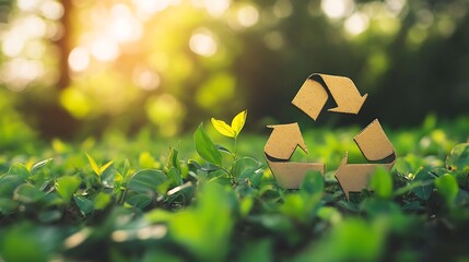 Golden Recycle Symbol in Lush Green Foliage