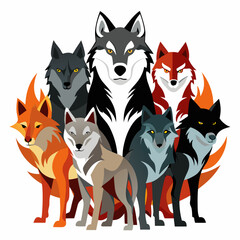 A group of six wolves with different colored fur standing together