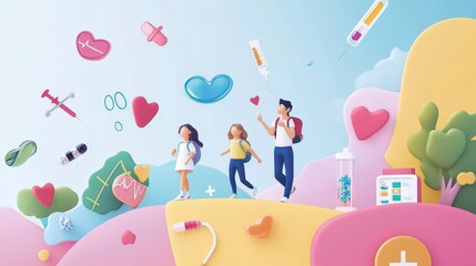 A colorful illustration depicting health and wellness themes with people and medical elements.