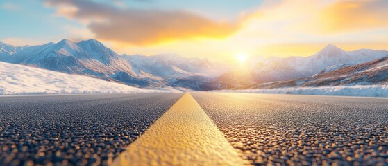 Wall Mural -  A yellow dividing line on a snow-covered road amidst a mountain range during sunset