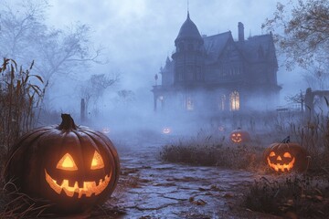 Jack-O'-Lantern Glowing in a Foggy Forest Near a Haunted House