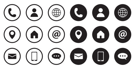 contact us vector icon set. website icon set phone location email website message home chat contact.