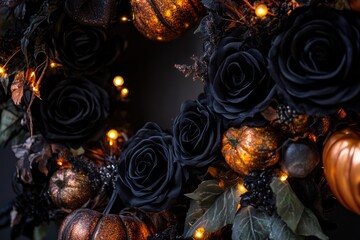 Black Roses and Glittery Pumpkins with Warm Lights