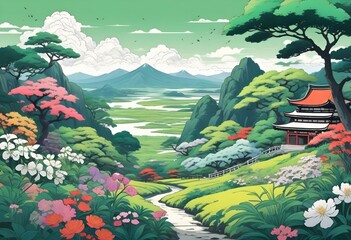 colorful flat illustration classical animes, view of a tranquil plain with lush green foliage and assorted flowers in full bloom