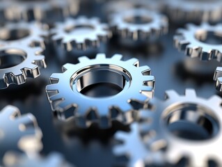 Wall Mural - close up of shiny metal gears interlocking and working together - abstract concept of machine, indus