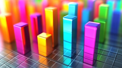 Wall Mural - A close-up of a 3D bar graph displaying financial data with vibrant, colorful bars rising above a grid, showcasing the dynamic nature of investment trends.