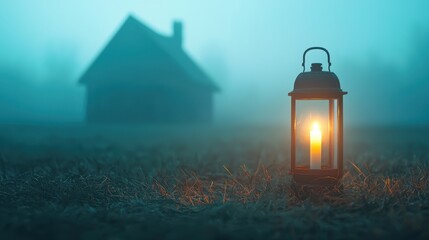 Wall Mural - Gothic lantern with a flickering candle flame glowing in the misty night outside a ghostly house creating a spooky and mysterious Halloween atmosphere