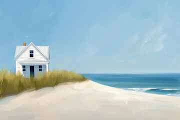 Minimalist coastal painting of a white beach house nestled in tall grasses overlooking a serene, sandy shoreline and calm blue ocean. Evokes peace, solitude, and simplicity.