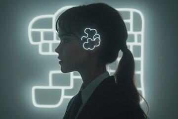 Poster - Silhouette of a woman with brain imagery emphasizing mental health cognitive function and emotional well being in a modern minimalistic design