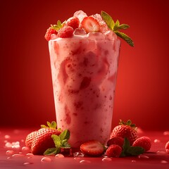 Wall Mural - A refreshing strawberry drink topped with mint and ice, set against a vibrant red background.