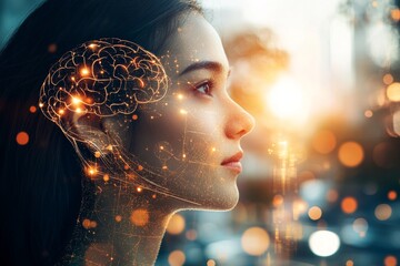 Wall Mural - Abstract digital portrait of a woman with illuminated brain symbolizing the integration of technology neural activity and human intelligence in a modern vibrant composition