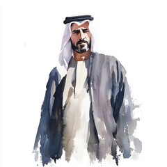 watercolor painting of a man in a Middle Eastern thobe, on isolated white background