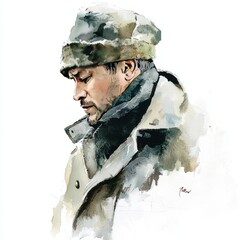 watercolor painting of a man in a traditional Russian ushanka and coat, on isolated white background