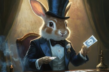 Magician Rabbit: A rabbit in a magician's tuxedo and top hat, pulling a card from a deck in a magic show setting. 