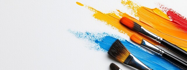 Wall Mural -  A collection of brushes, each holding distinct hues, atop a pristine white palette