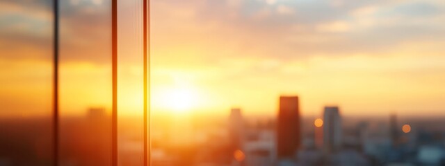 Poster - Sun setting over cityscape – tall buildings in foreground, cloudy sky in background