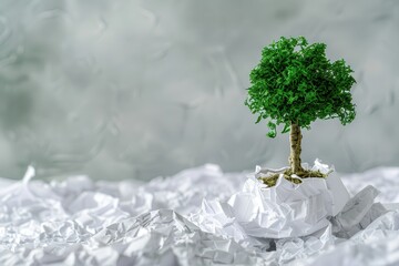 Paper Recycle. Concept of Green Tree Growing on White Background for Eco-Friendly Reforestation