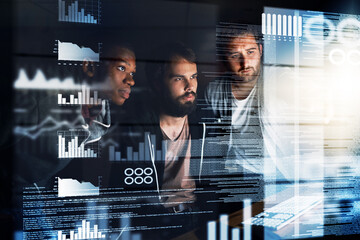 People, data and night with computer on overlay for future development, analytics or statistics at office. Group of young developers working late on futuristic technology for programming or research