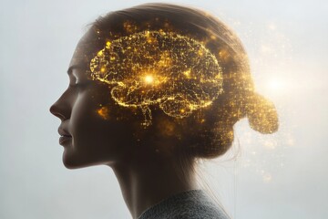 digital portrait of a woman with a glowing brain symbolizing intelligence mental health and the inte