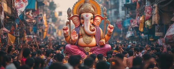 Ganesh Chaturthi festival, large colorful statue of Lord Ganesh among crowds of people praying and celebrating Illustration for banner design poster greeting card print