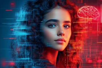 Sticker - High tech digital portrait of a woman with glowing neural connections symbolizing intelligence mental health and technological integration in a futuristic vibrant design