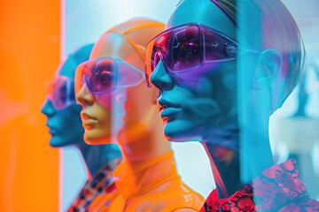 Colorful neon-lit mannequin heads with sunglasses.