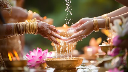 Wedding scene, A close-up of elegantly adorned hands pouring water over a decorative bowl surrounded by flowers in a serene, festive setting celebrating tradition 