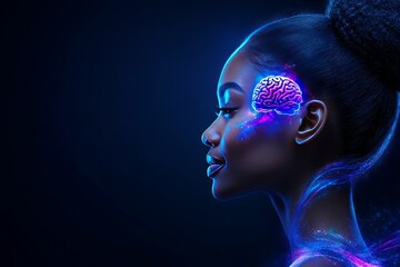 Sticker - Futuristic digital portrait of a woman with glowing neural connections symbolizing intelligence mental health and technological integration in a vibrant high tech design