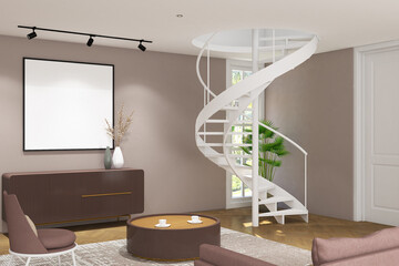 Wall Mural - 3d render of illustration of minimal interior design white spiral staircase in small living room. Wood parquet floor, gray taupe wall and white ceiling. 41