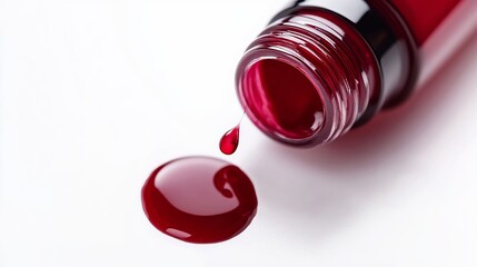 A close-up of a nail polish bottle and a drop of polish on a white background highlights the elegance and simplicity of the product.