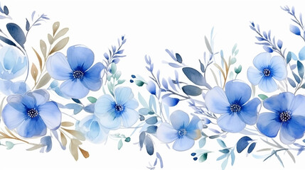 Wall Mural - Watercolor blue flowers border banner for stationary