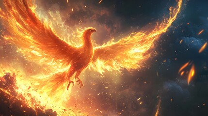 Work resilience. A phoenix rising from the ashes. A vibrant and artistic depiction of a phoenix emerging, showcasing its fiery orange and white feather