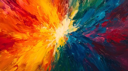 A burst of vibrant prismatic colors radiating. A vibrant abstract painting featuring a radiant sunburst of colors blending from deep red and orange 