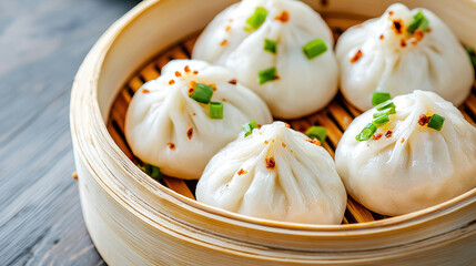 Poster - Delicious Asian dumplings, known as baozi or buns, in a bamboo steamer garnished with green onion and spices