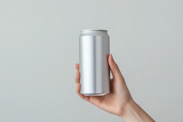 Hand holding an aluminum can, clean design, on neutral background, minimalistic style