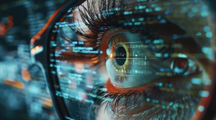 Reflection of program code in hacker glasses. Programmer Software. Developer Computer pc monitor display. Writing line. Big data security. Man hack program. Cybersecurity. Guy Developing project.