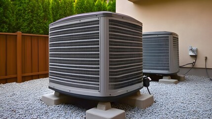 Two modern air conditioning units sit on a gravel base outside a home, surrounded by a wooden fence a