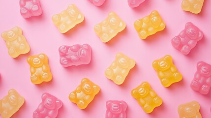 A flat lay image features a pattern created with colorful jelly bears arranged meticulously on a soft pink background.