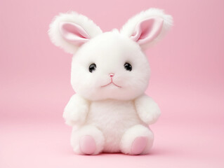 Wall Mural - White Bunny Stuffed Animal on Pink Background
