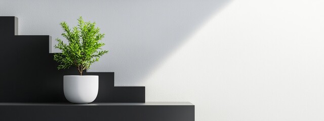 Sticker -  A potted plant atop a black-and-white shelf, near a staircase and white wall background