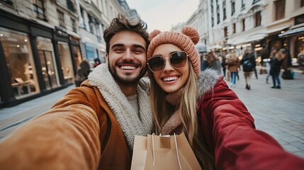 A cheerful couple takes a selfie while shopping in a bustling city street, capturing their joyful moments tog