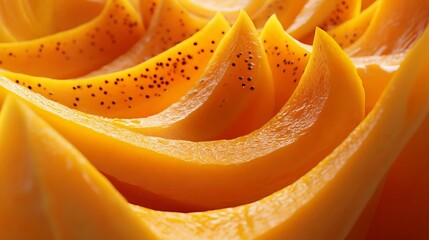 Wall Mural - A ripe papaya, its vibrant orange flesh sliced into neat segments, lies invitingly on a clean surface.