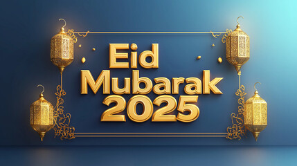 Golden Eid Mubarak 2025 text with 3d render islamic lanterns on blue gradient background.