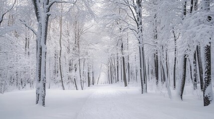  A peaceful winter landscape unfolds in a snowy forest, where tall trees stand cloaked in thick layers of fresh, white snow.