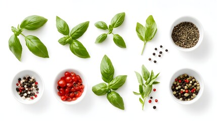 Wall Mural - Basil leaves herb ingredient on a white background.