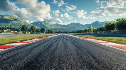 Empty race track with mountains. Ideal for designs about racing, speed, and competition.