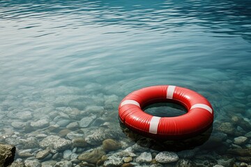 A red life preserver sits in clear water. The life preserver is a symbol of safety and rescue, perfect for depicting themes of hope, security, and protection.