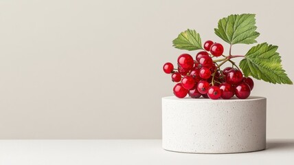 Currant displayed on an elegant podium, highlighting its small, deep red or black berries with a glossy finish.